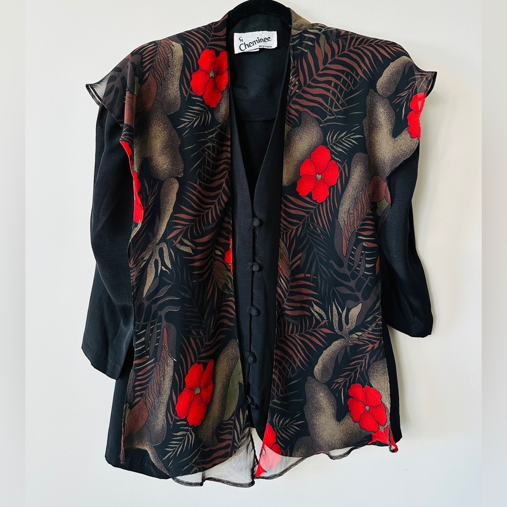 Cheminee New York Black V- Neck Blazer w Silk Attached Floral Print Scarf